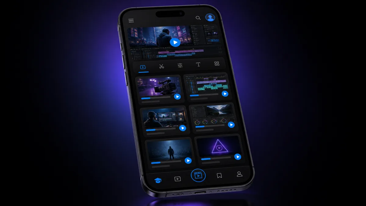 17c 移动 APP 界面预览，暗色主题课程网格